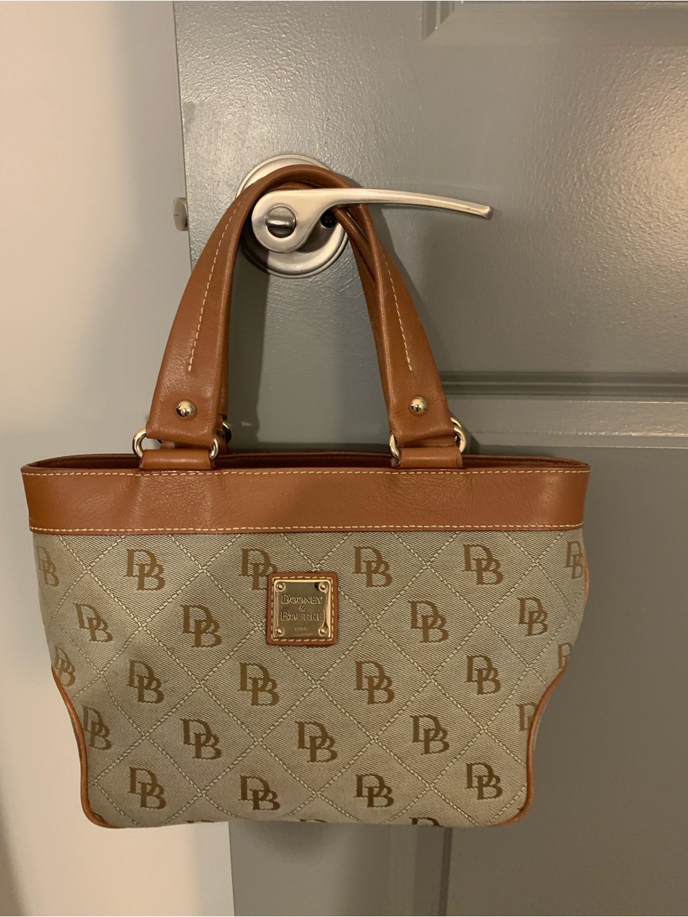 Dooney & Bourke Beige Monogram Quilted Tote with Tan Trim